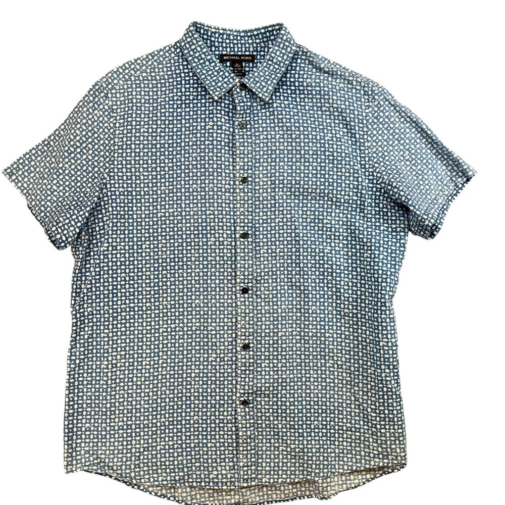 Michael‎ Kors Mens Classic Fit Blue Geometric Linen Blend Short Sleeve Shirt XL